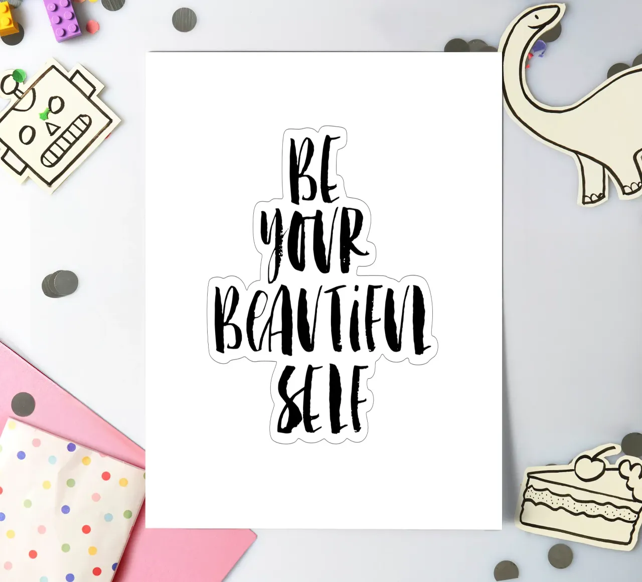 Be Your Beautiful Self Design tipografico in bianco e nero foglio adesivo da THE MOTIVATED TYPE