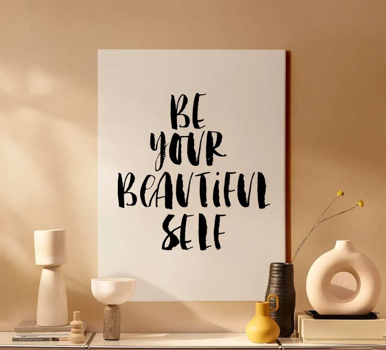 Be Your Beautiful Self Design tipografico in bianco e nero tela da THE MOTIVATED TYPE