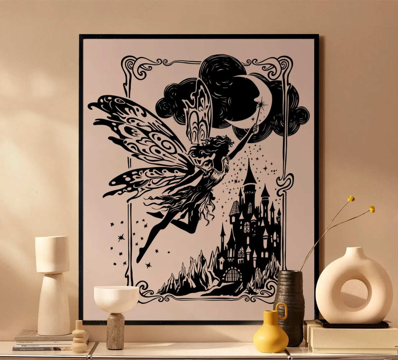 Fairy flies in front of a fairytale castle poster with wooden frame by DYDesign