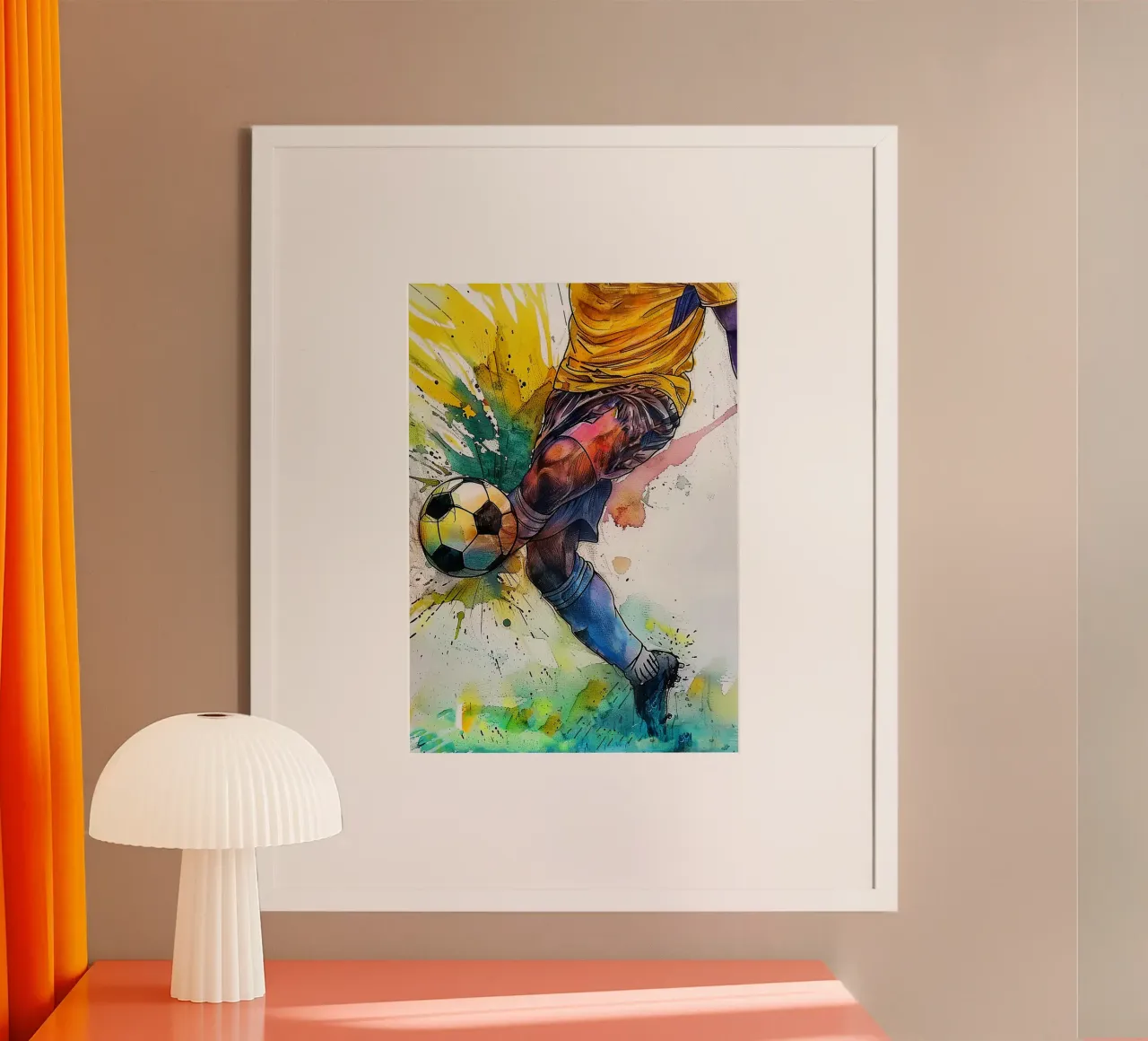 De sportkunst van de voetballer poster met houten frame van Justyna Jaszke JBJart