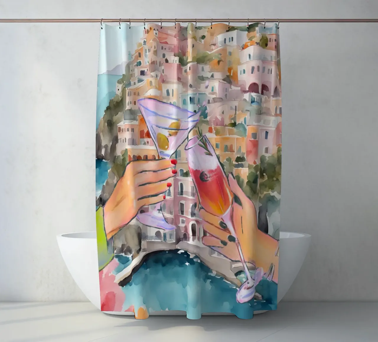 Cheers Cocktail Print shower curtain by TheCocktailClub
