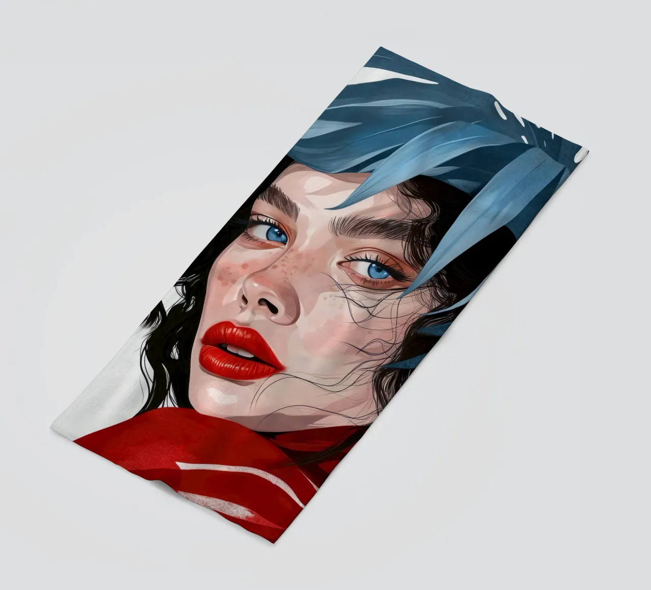 donna con occhi blu telo mare da Justyna Jaszke JBJart