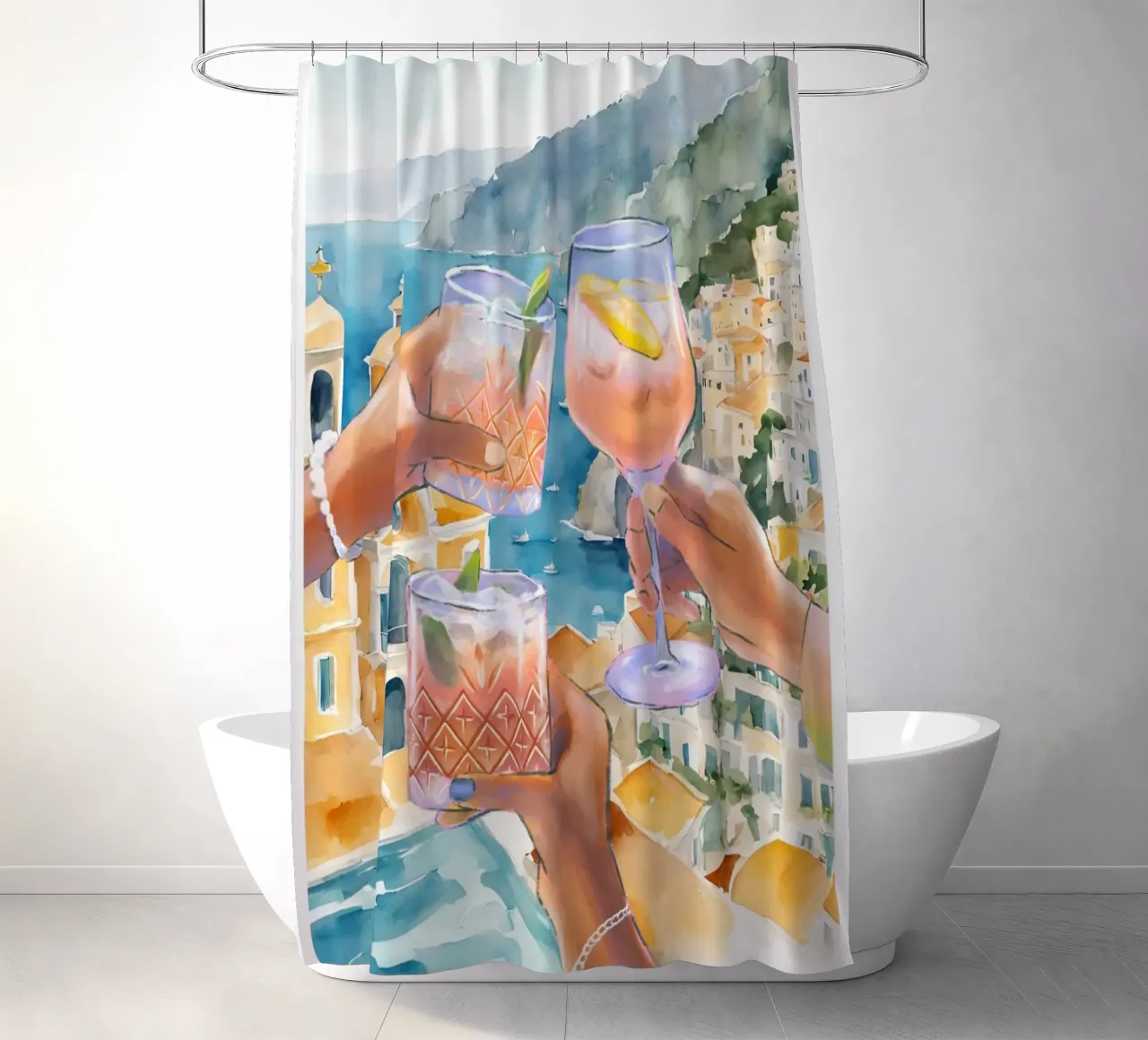 Italy Amalfi Coast Cheers Print shower curtain by TheCocktailClub
