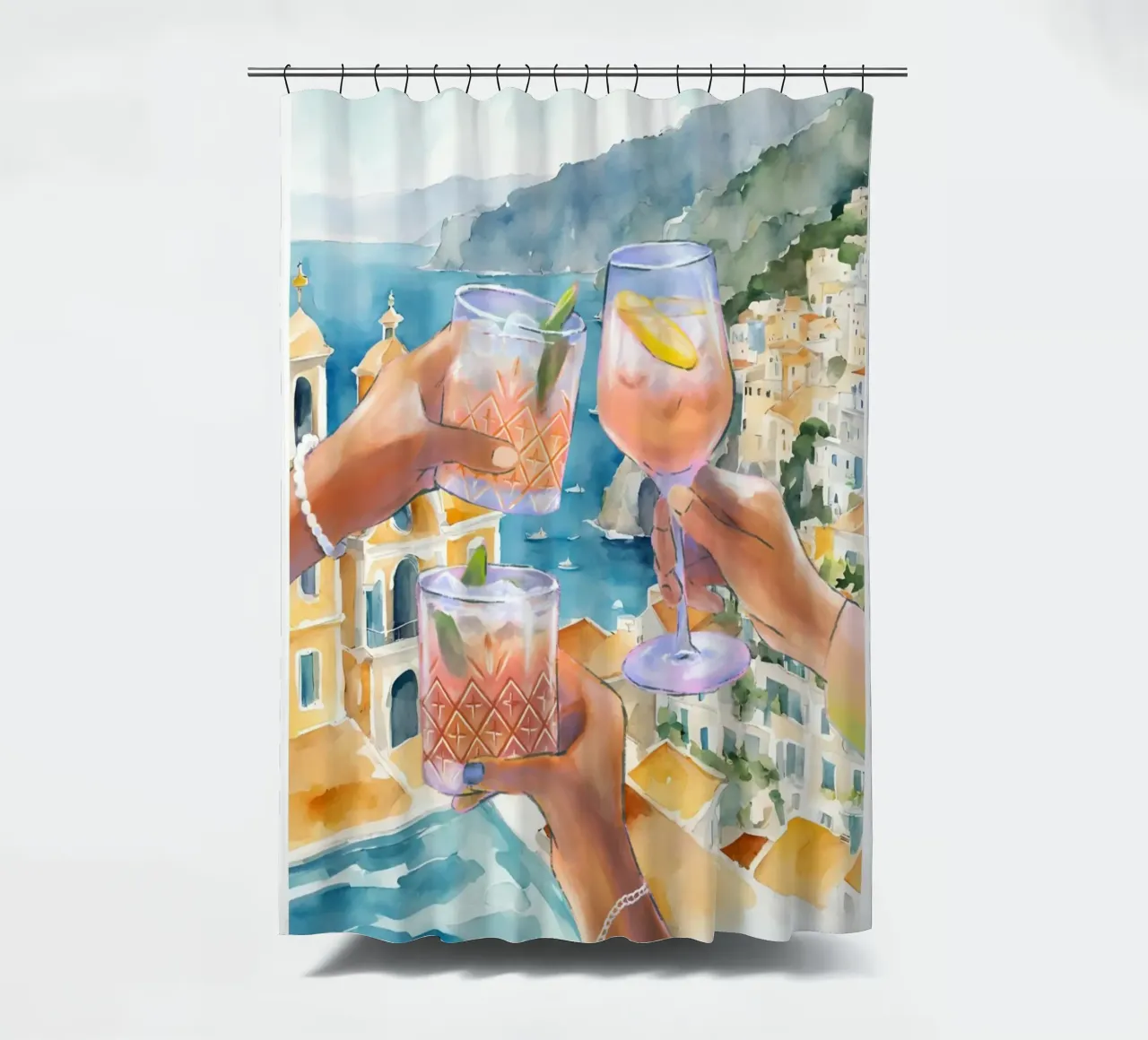 Italy Amalfi Coast Cheers Print shower curtain by TheCocktailClub