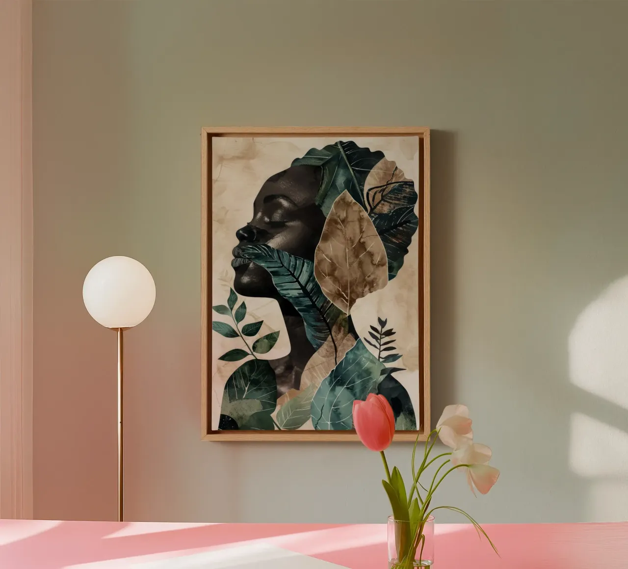 Portret vrouwengezicht met bladeren canvas met Baklijst van Justyna Jaszke JBJart