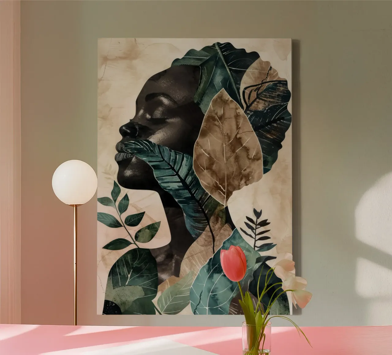 Portret vrouwengezicht met bladeren canvas met Baklijst van Justyna Jaszke JBJart