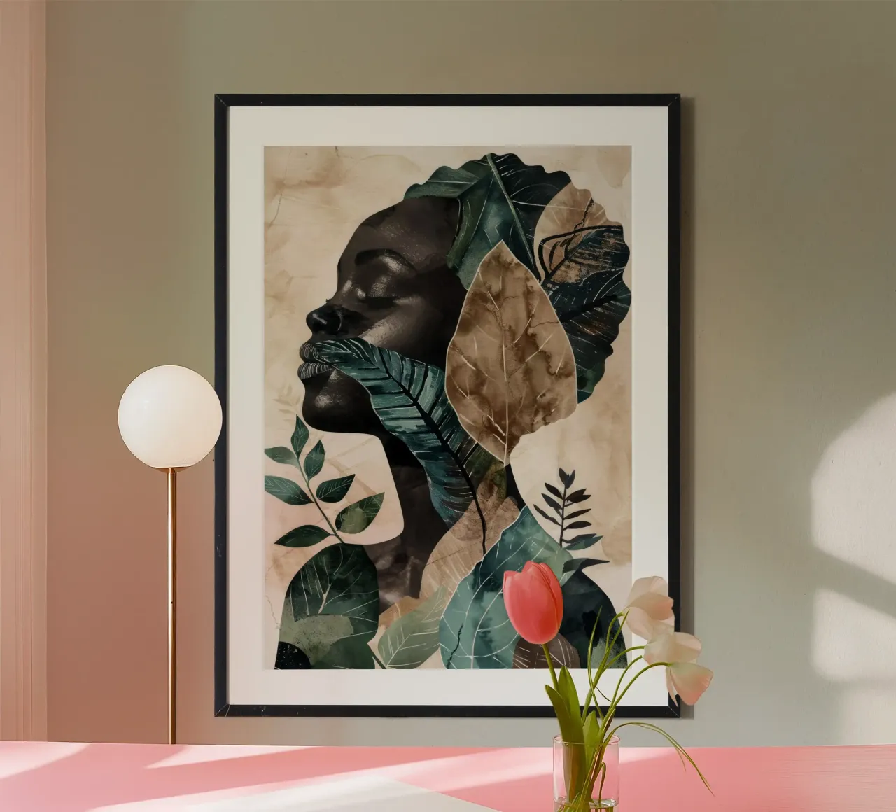 Ritratto volto di donna con foglie poster con telaio in plastica da Justyna Jaszke JBJart