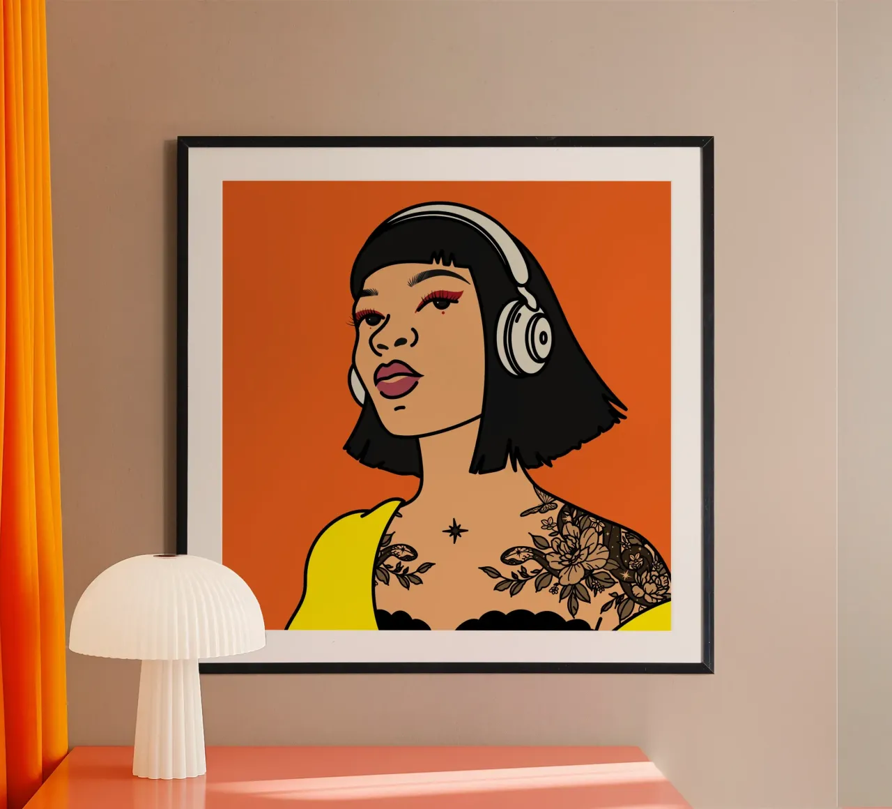 Illustrazione di cuffie in grassetto con sfondo arancione poster con telaio in legno da kookiepixel