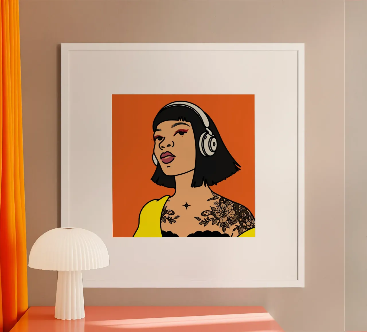 Illustrazione di cuffie in grassetto con sfondo arancione poster con telaio in legno da kookiepixel