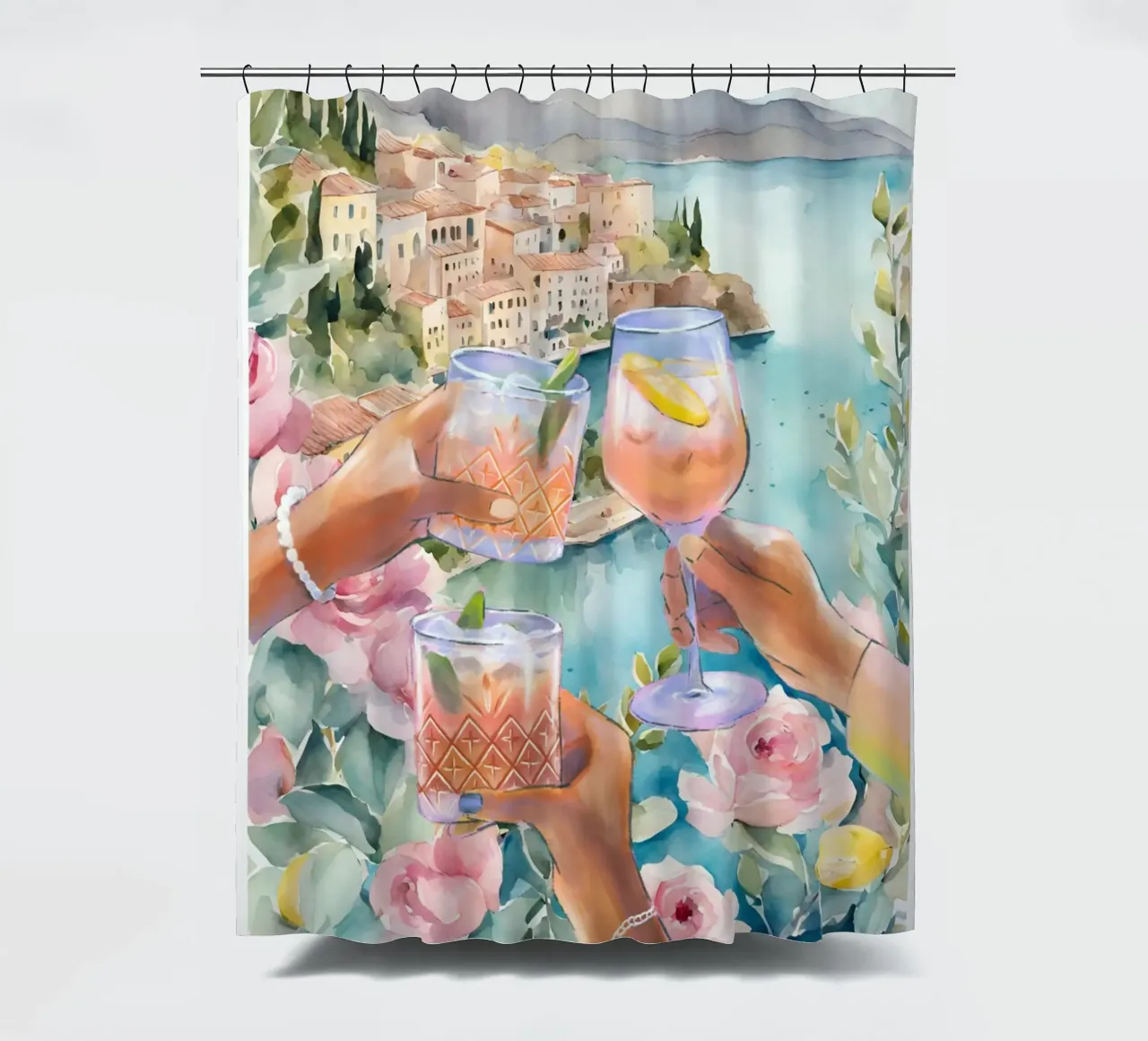 Italian Amalfi Coast Cheers Illustration shower curtain by TheCocktailClub