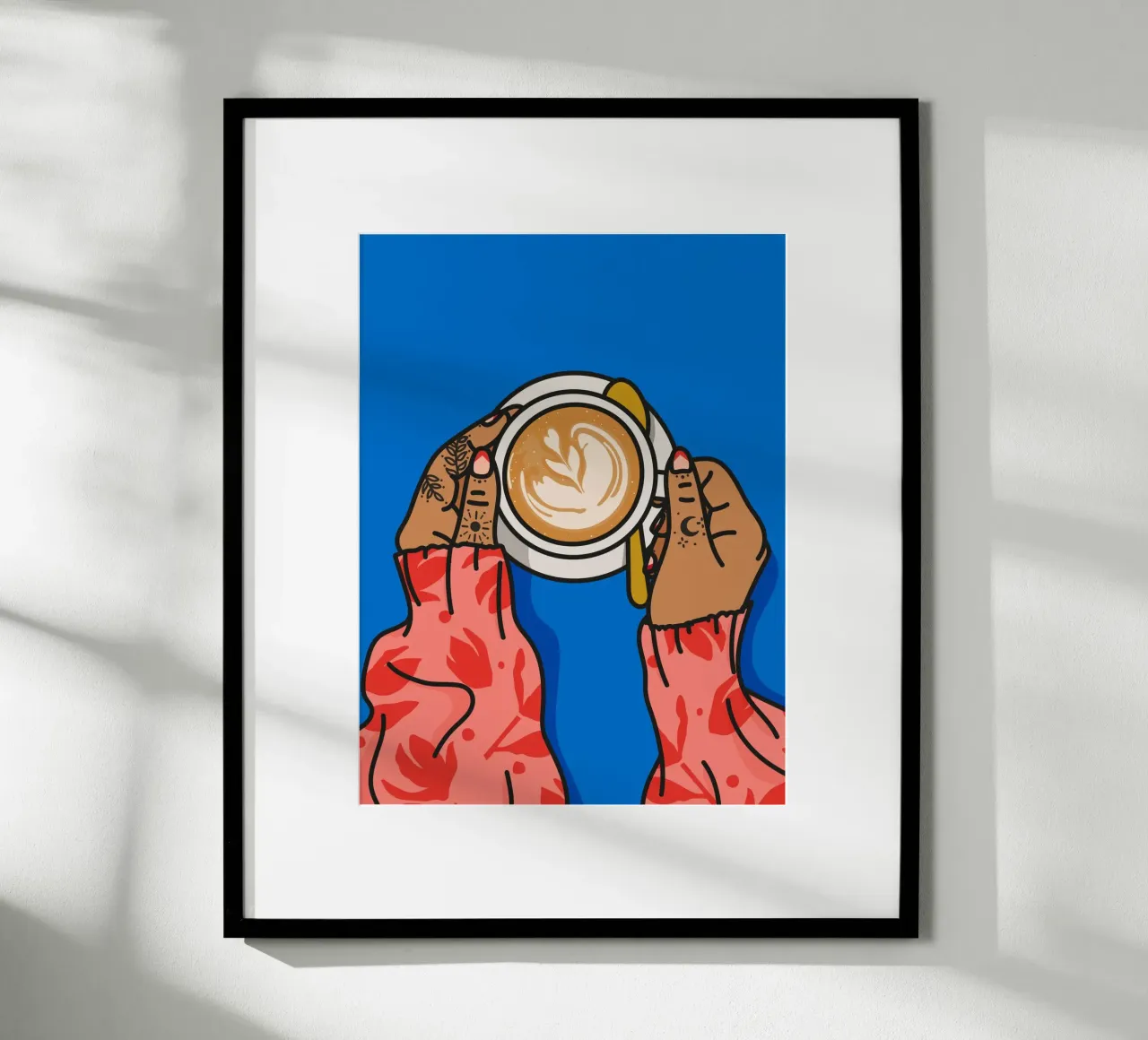 Illustrazione degli amanti del caffè Stampa d'arte con colori vivaci poster con telaio in legno da kookiepixel