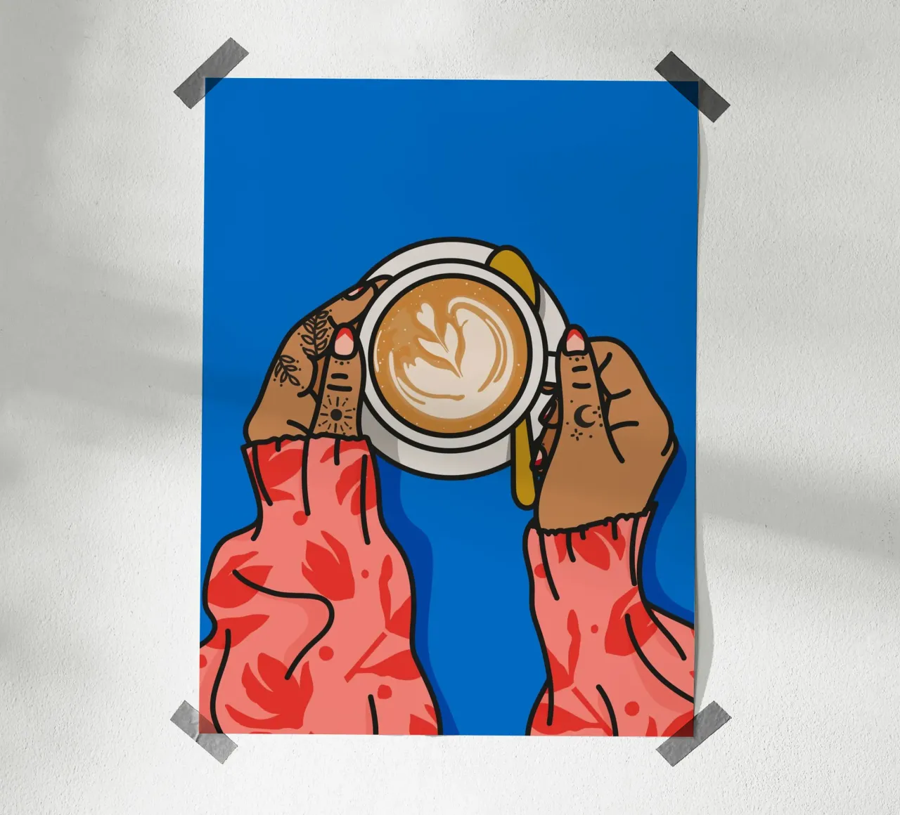 Illustrazione degli amanti del caffè Stampa d'arte con colori vivaci poster con telaio in legno da kookiepixel