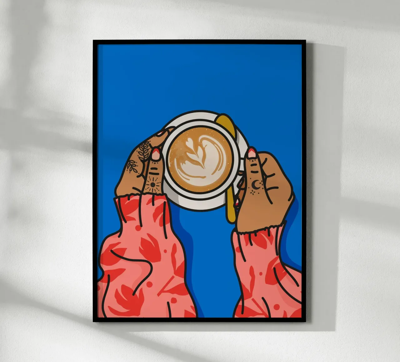Illustrazione degli amanti del caffè Stampa d'arte con colori vivaci poster con telaio in legno da kookiepixel