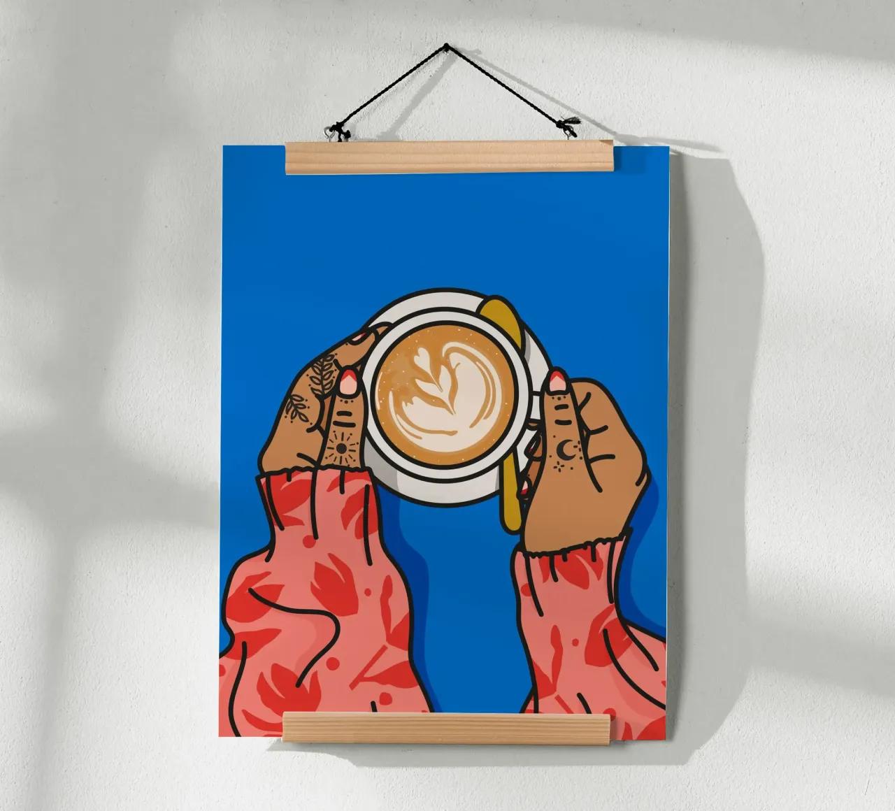 Illustrazione degli amanti del caffè Stampa d'arte con colori vivaci poster con telaio in legno da kookiepixel