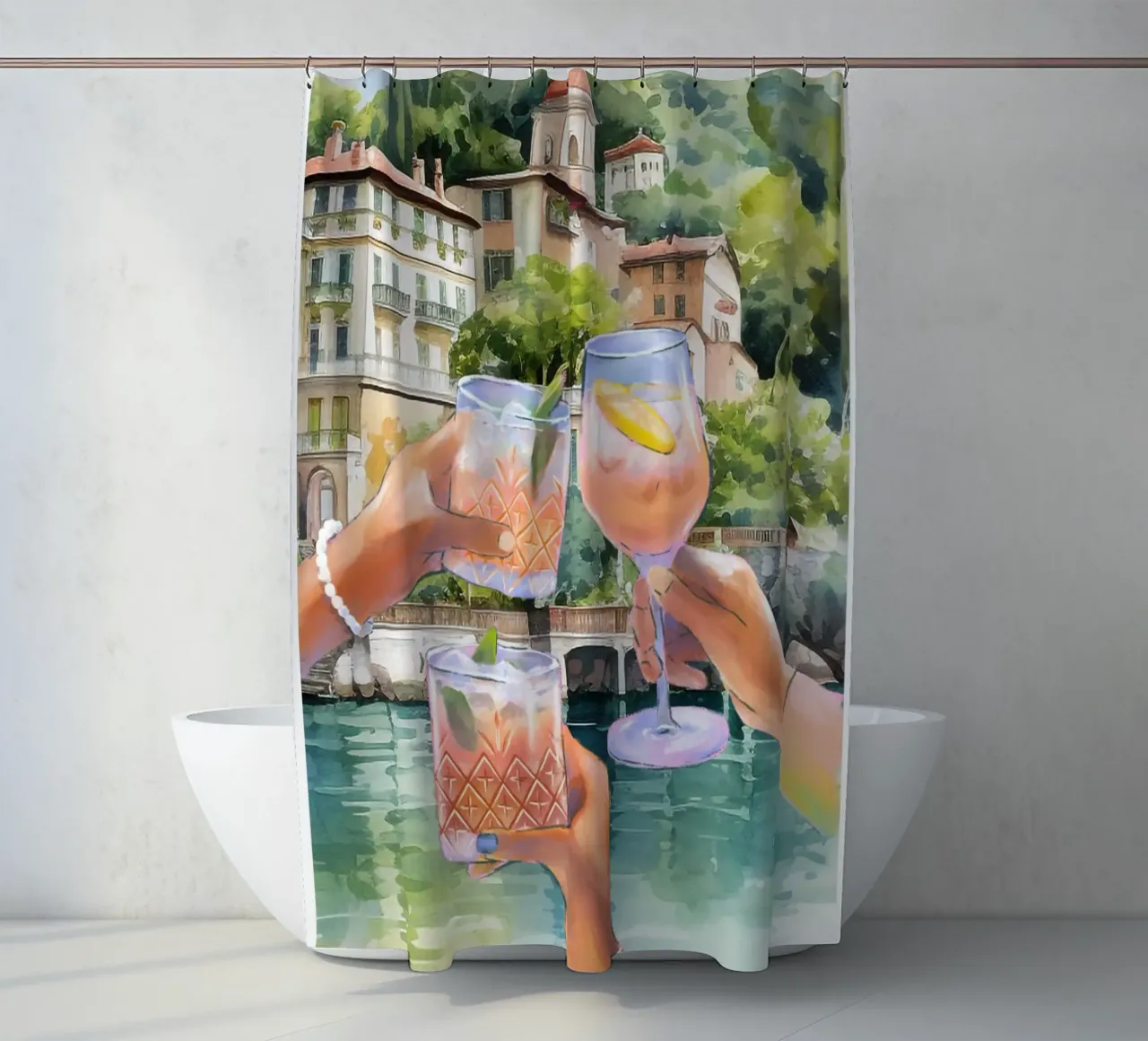 Cin Cin Lake Como Cocktail Print shower curtain by TheCocktailClub