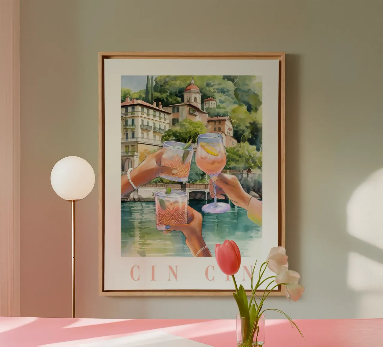 Cin Cin Lago Como Cocktail Print lienzo con Marco flotante de TheCocktailClub