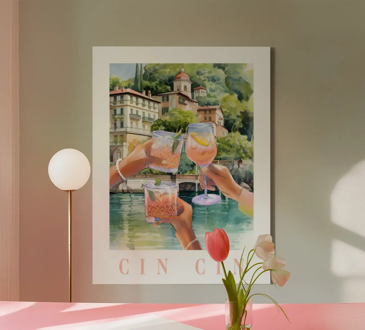 Cin Cin Lago Como Cocktail Print lienzo con Marco flotante de TheCocktailClub