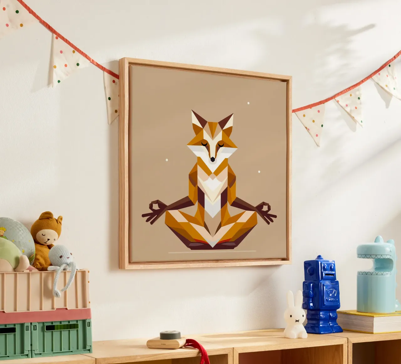 geometric fox during meditation canvas with Floater frame by namosh