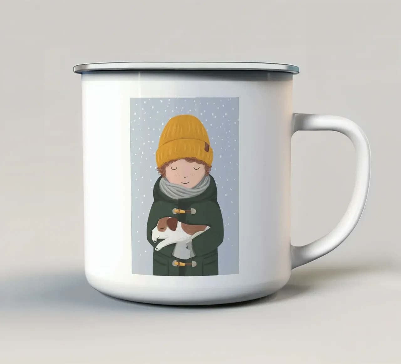 Niño con perro taza de esmalte de VIERUNDFÜNFZIG