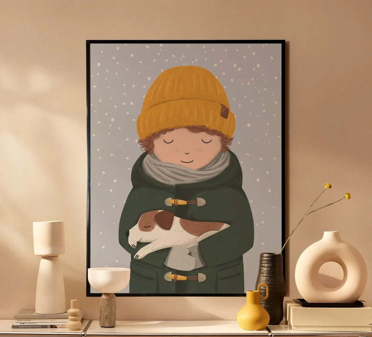 Boy with dog poster with wooden frame by VIERUNDFÜNFZIG