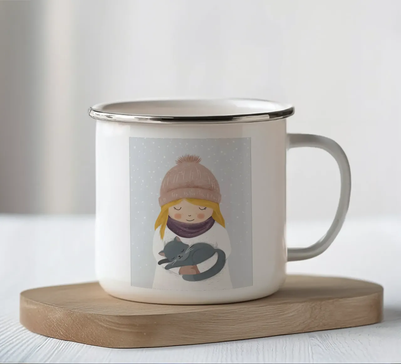 Ragazza con gatto tazza in smalto da VIERUNDFÜNFZIG