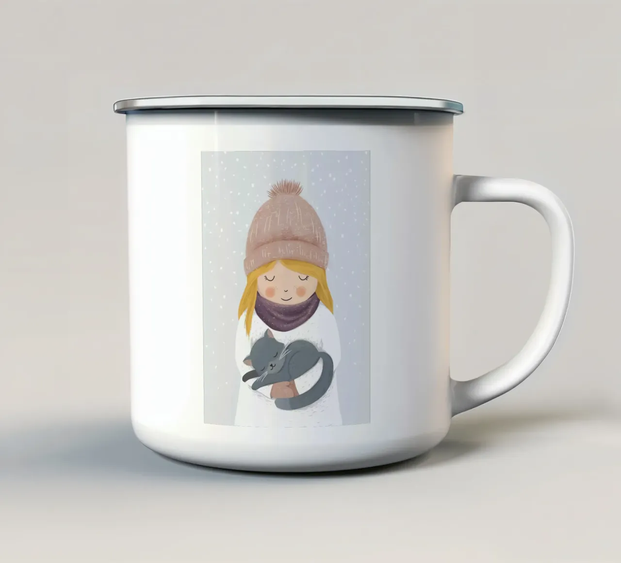 Ragazza con gatto tazza in smalto da VIERUNDFÜNFZIG