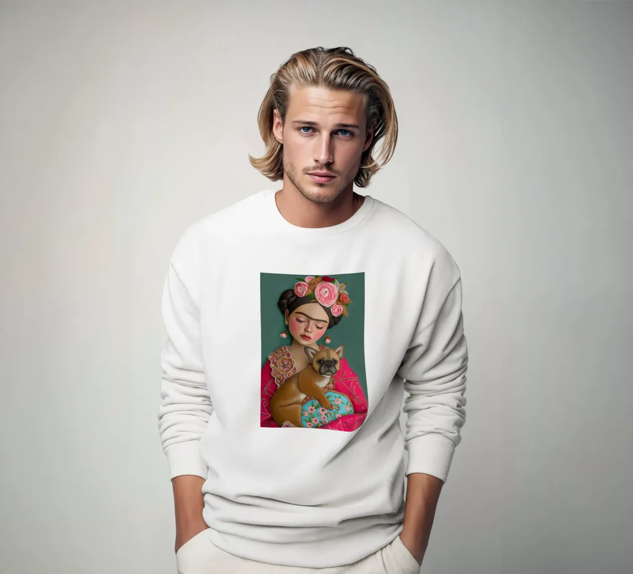 Small textile Frida with dog sweatshirt by Carinaprint