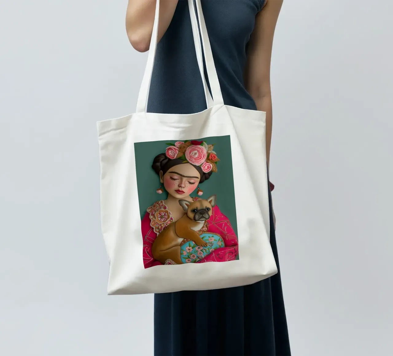 Piccola Frida in tessuto con cane borsa in juta da Carinaprint