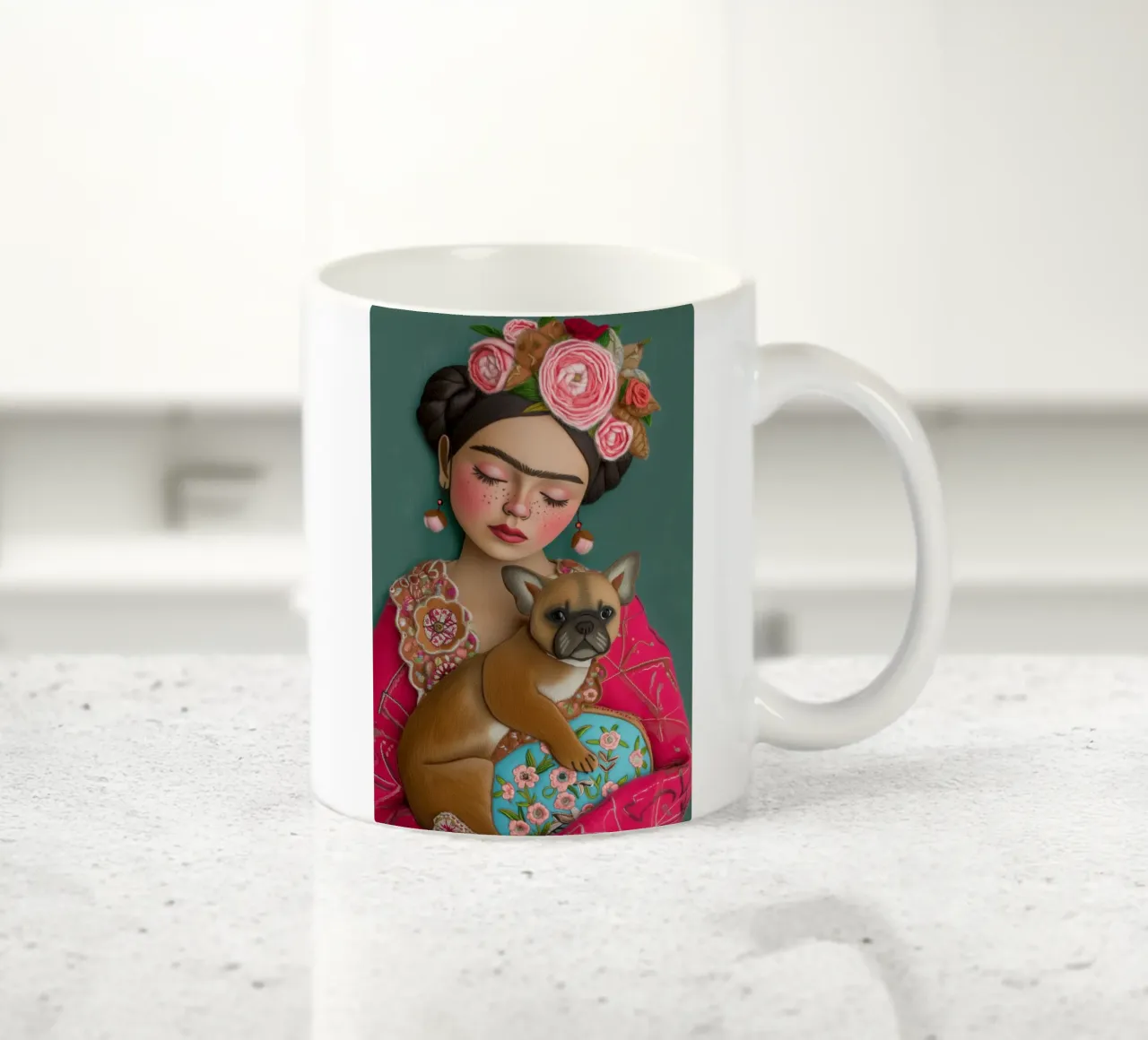 Piccola Frida in tessuto con cane tazza in ceramica da Carinaprint