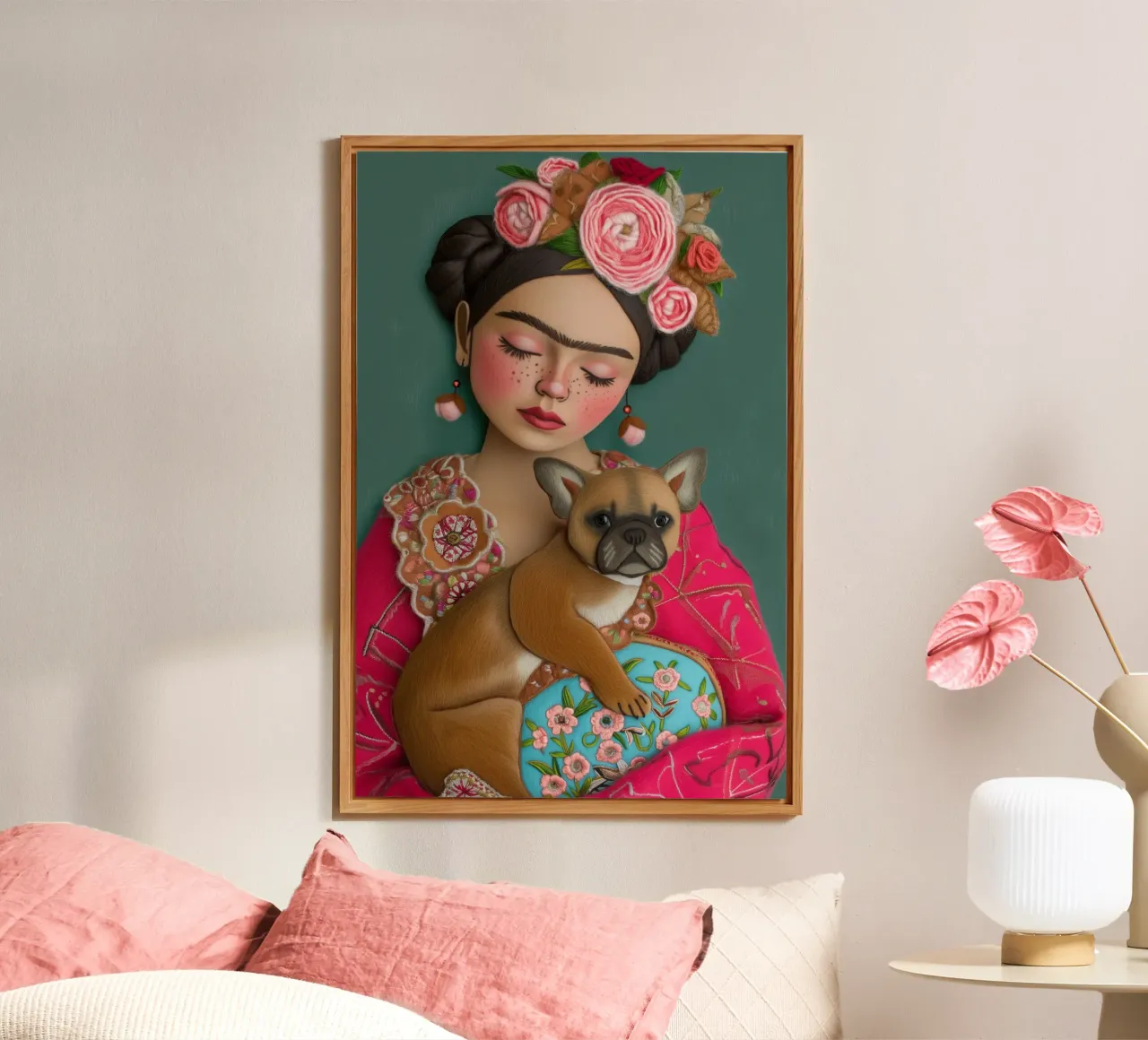 Piccola Frida in tessuto con cane alluminio dibond da Carinaprint