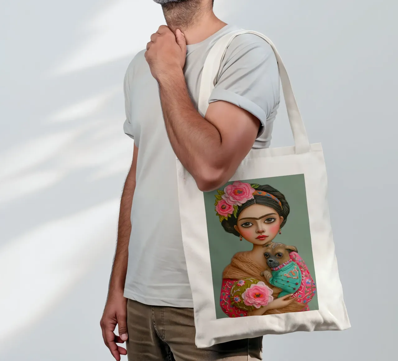 Piccola Frida pastello con cucciolo borsa in juta da Carinaprint