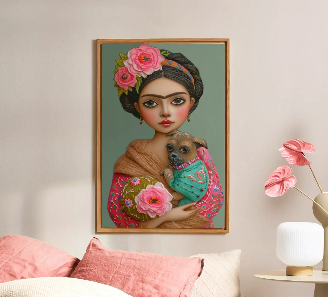 Piccola Frida pastello con cucciolo alluminio dibond da Carinaprint