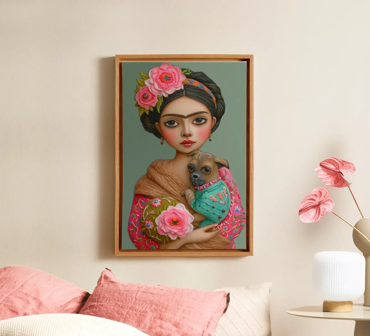 Piccola Frida pastello con cucciolo tela con Cornice a cassetta da Carinaprint