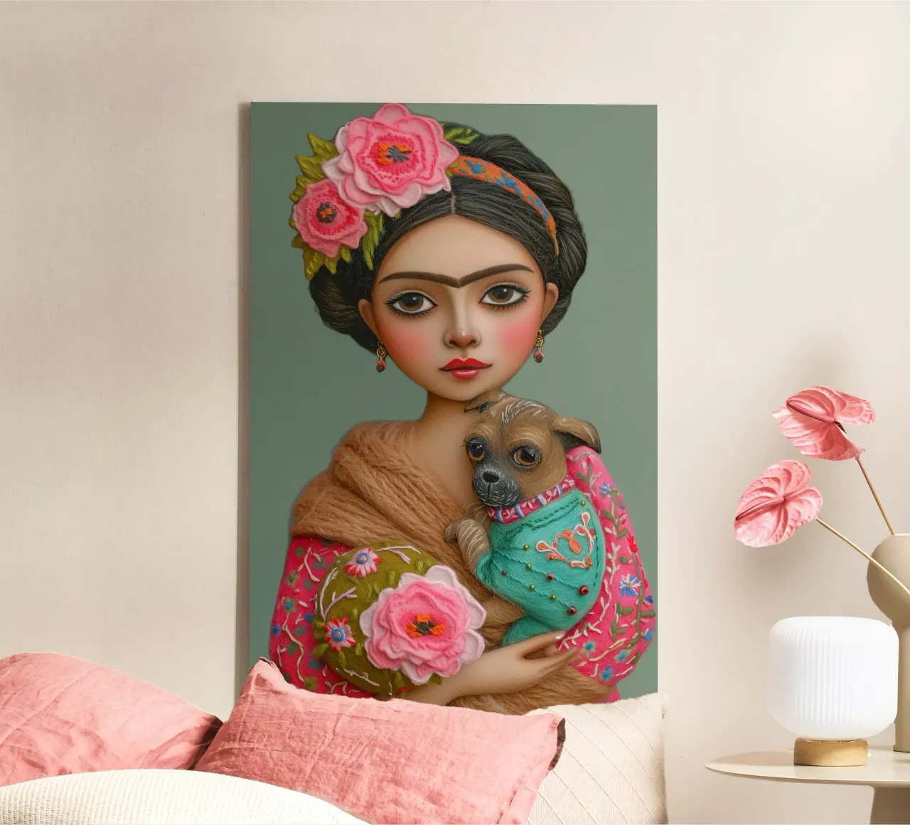Piccola Frida pastello con cucciolo tela con Cornice a cassetta da Carinaprint
