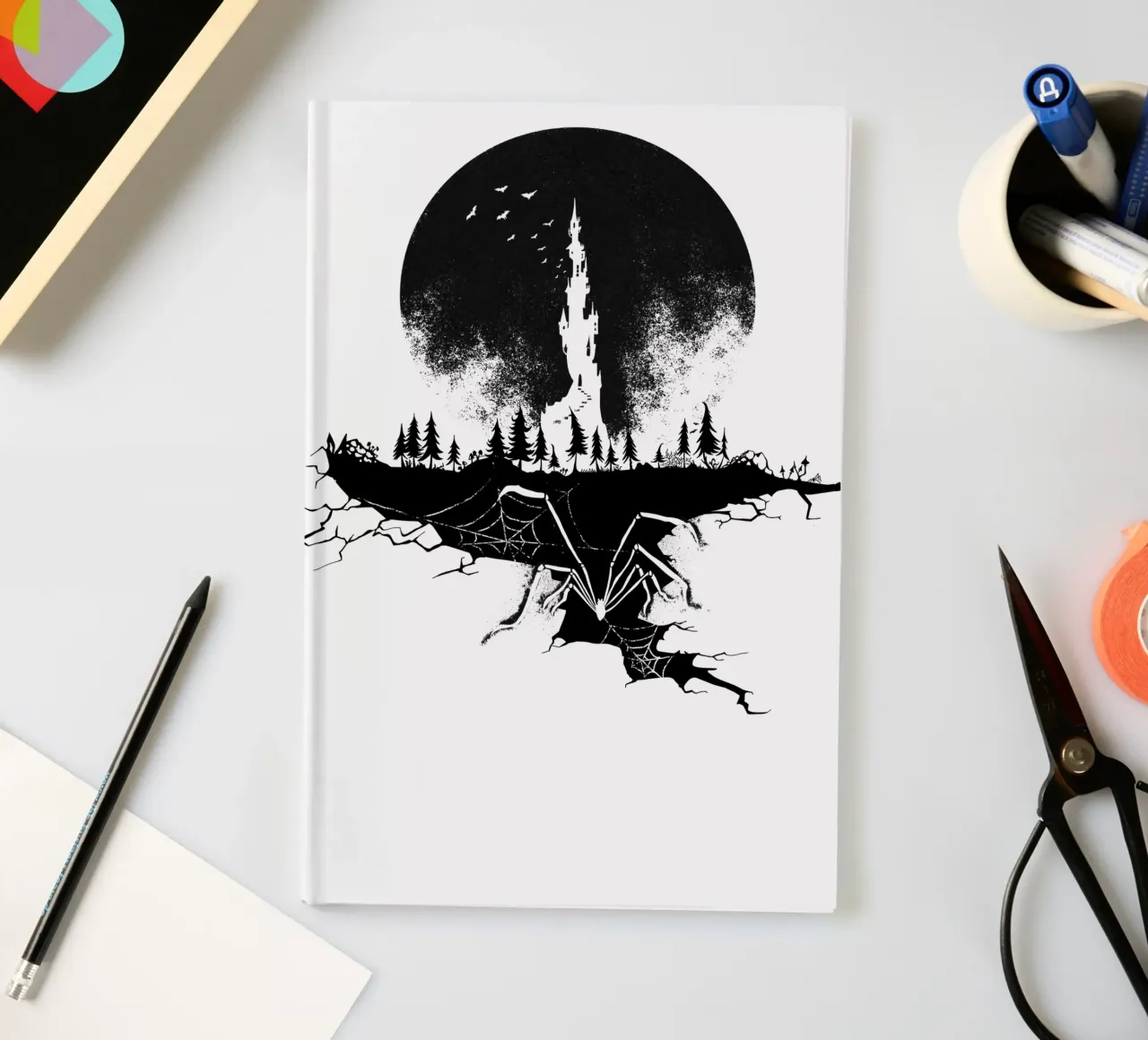 Spider in front of moonlight and castle notebook by DYDesign