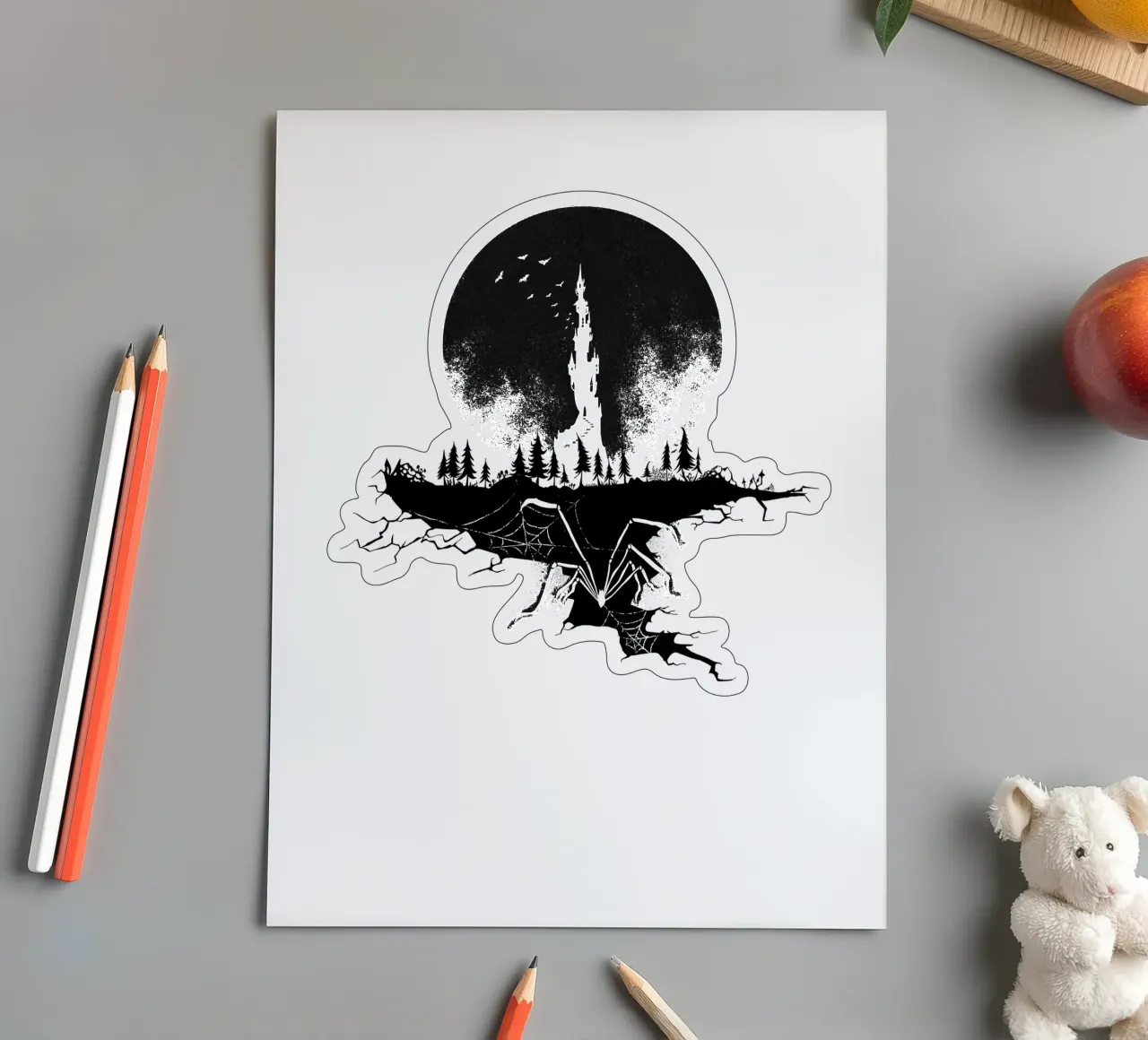 Spider in front of moonlight and castle sticker sheet by DYDesign