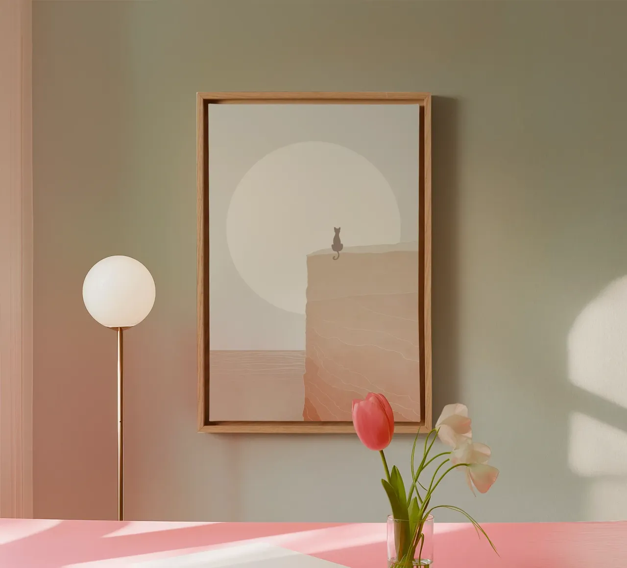 Cat on Cliff at Sunset canvas with Floater frame by Melloi Art Print