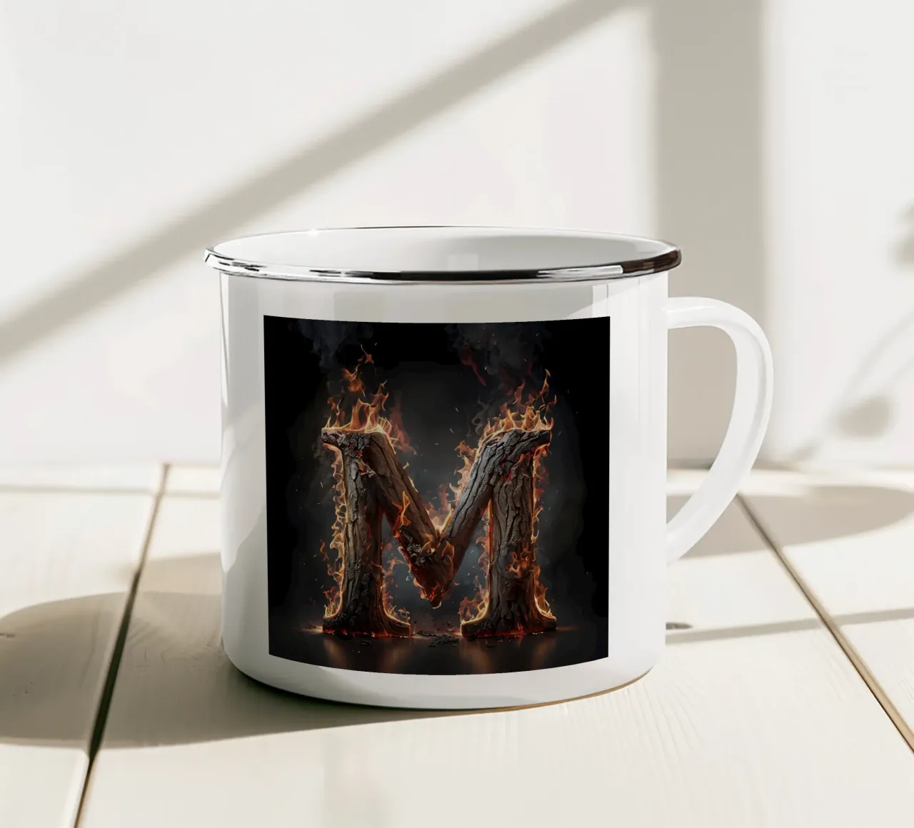 "Fiery M: una fiammata di intensità". tazza in smalto da inspirational quote