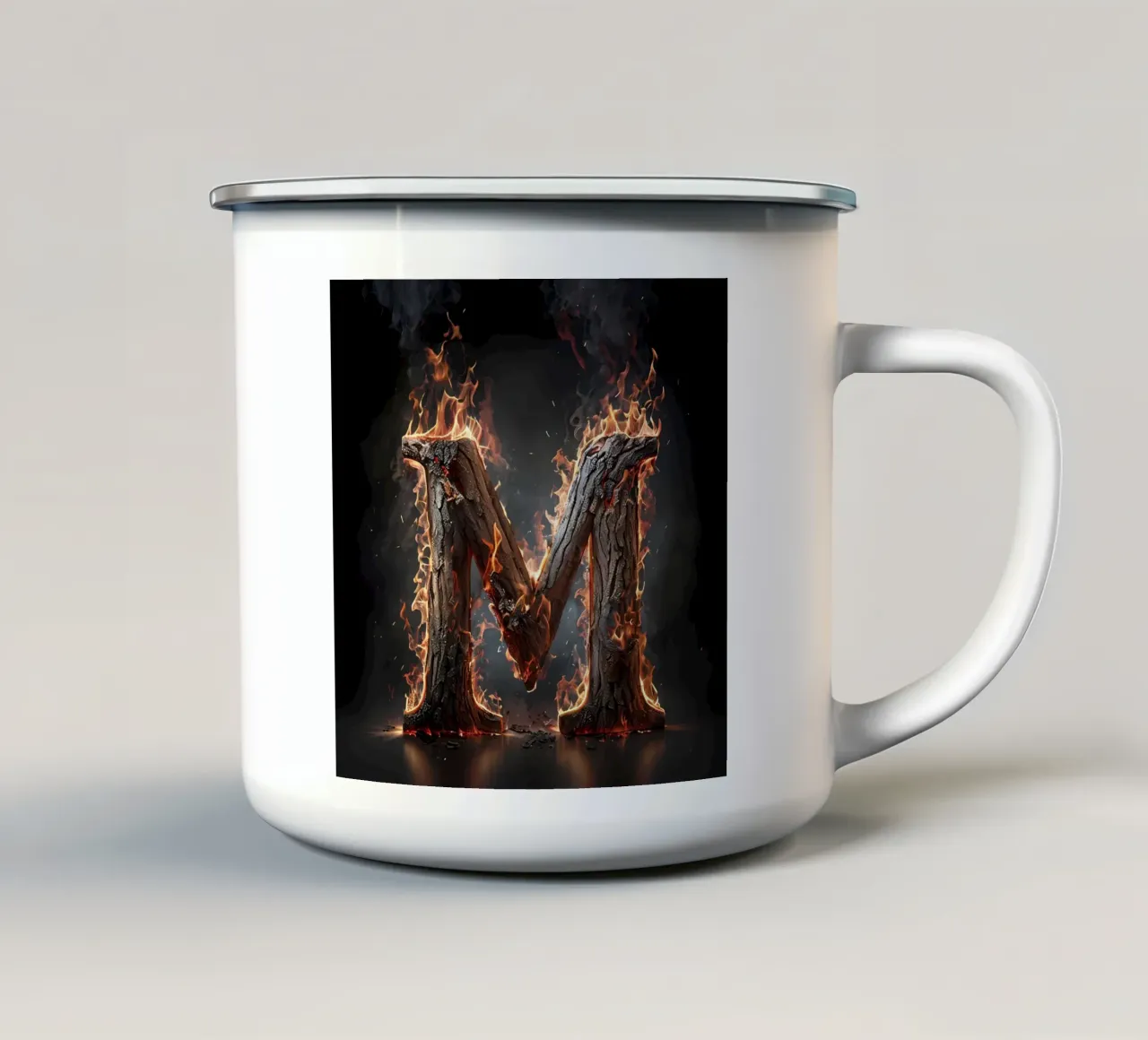 "Fiery M: una fiammata di intensità". tazza in smalto da inspirational quote
