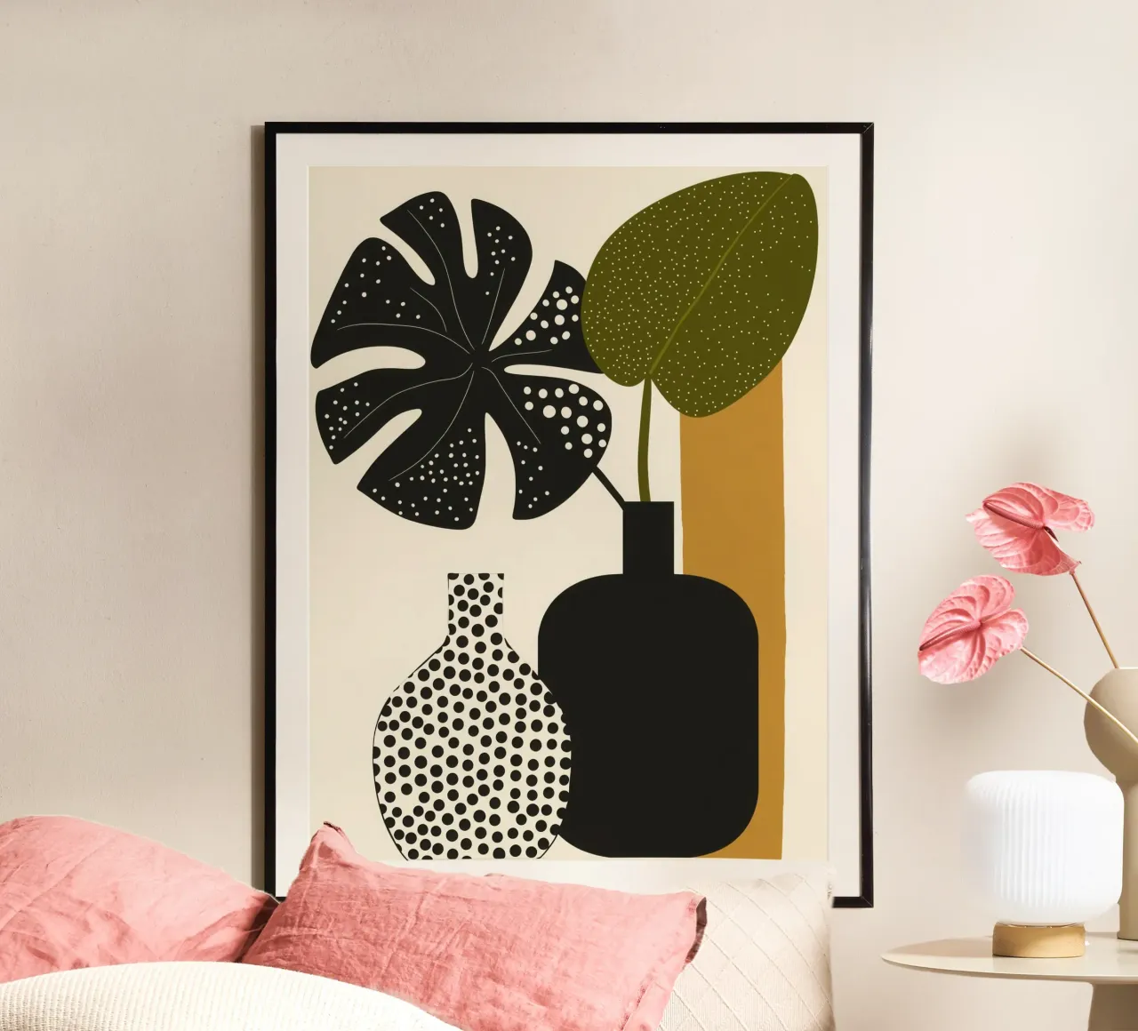 Monstera nera decorativa | Natura morta Boho poster con telaio in legno da Autofocus