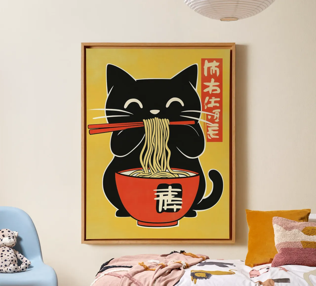 Il gatto giapponese ama il ramen | Poster da cucina tela con Cornice a cassetta da Autofocus