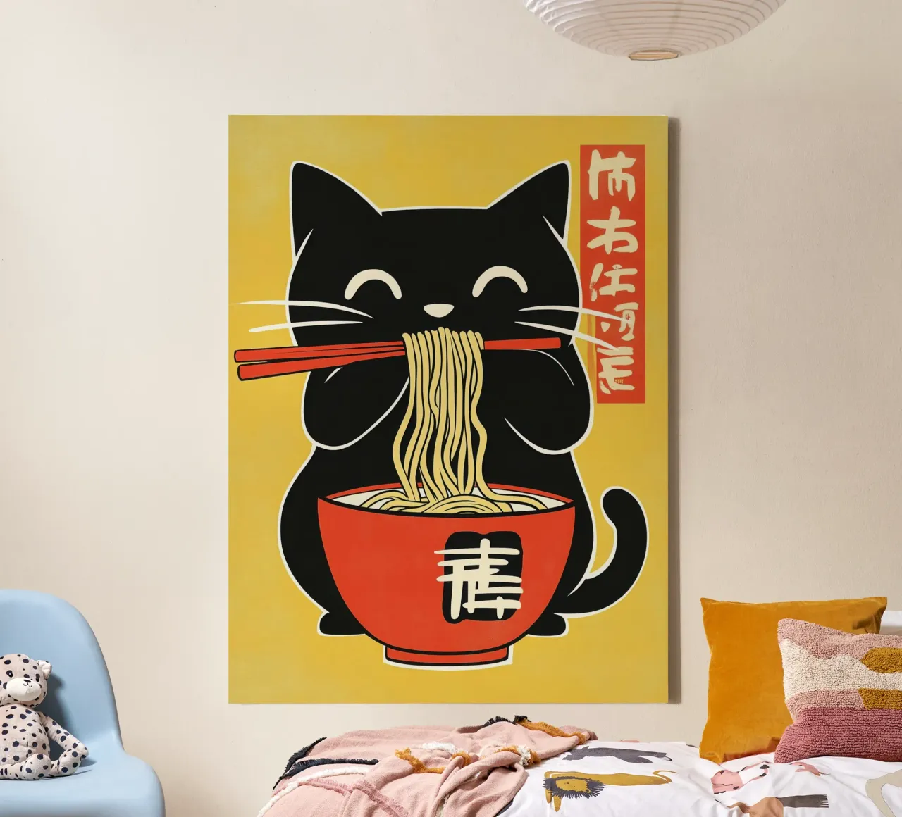 Il gatto giapponese ama il ramen | Poster da cucina tela con Cornice a cassetta da Autofocus