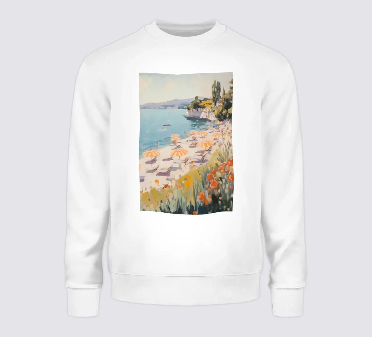 Spiaggia serena con ombrelloni a righe felpa da Melloi Art Print