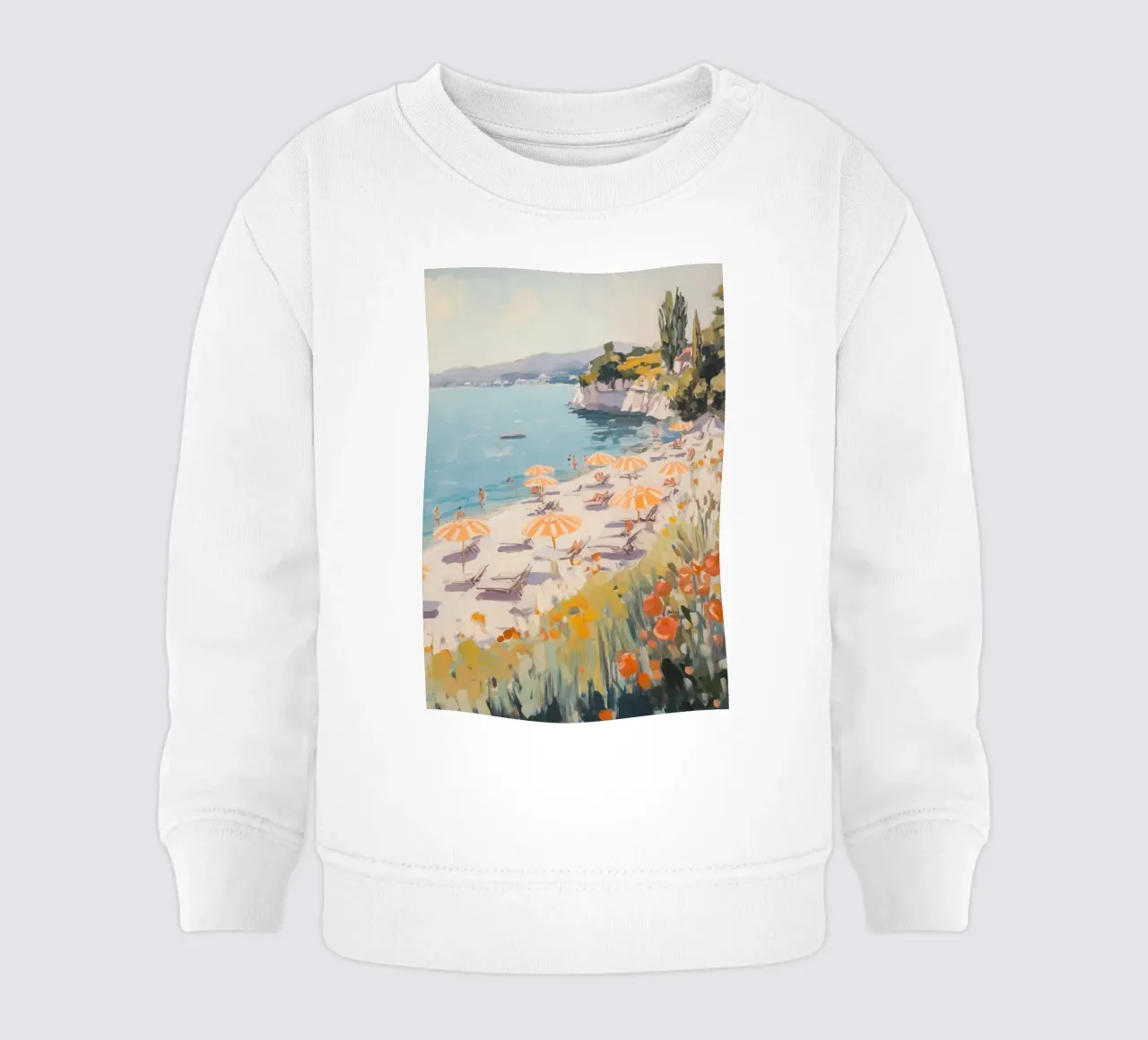 Spiaggia serena con ombrelloni a righe felpa neonato da Melloi Art Print