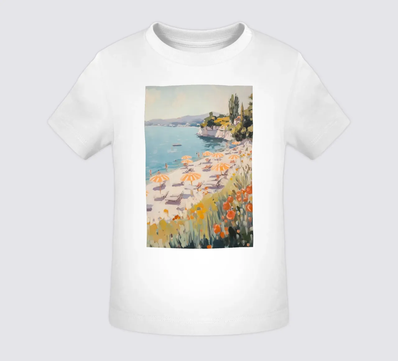 Spiaggia serena con ombrelloni a righe maglietta neonato da Melloi Art Print