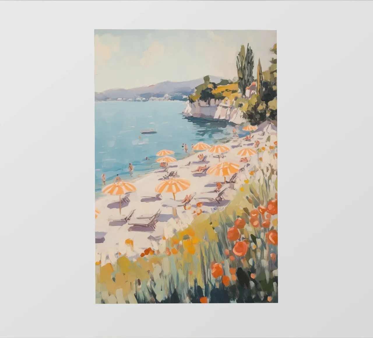Spiaggia serena con ombrelloni a righe telo in pvc da Melloi Art Print