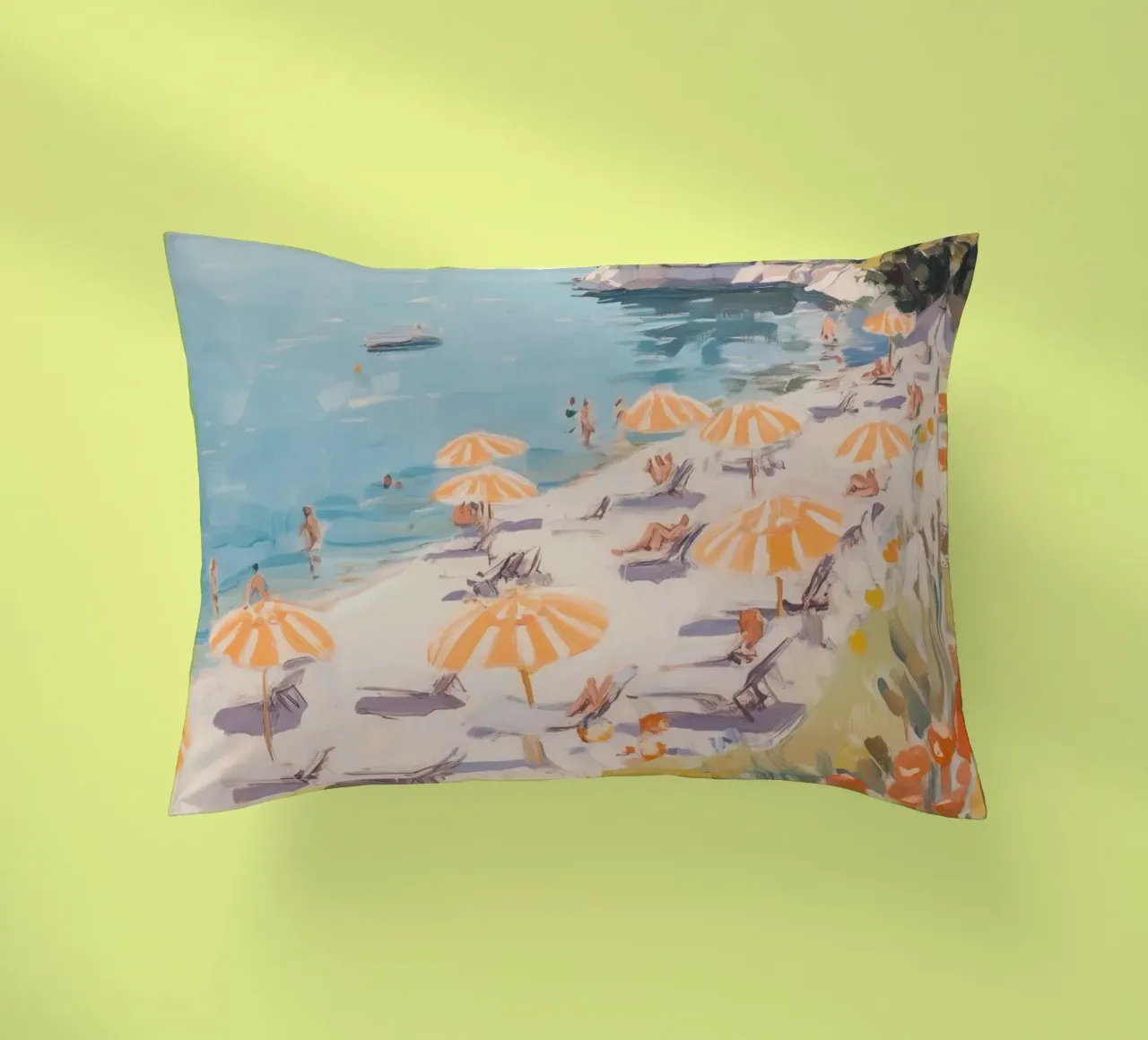Spiaggia serena con ombrelloni a righe cuscino da Melloi Art Print