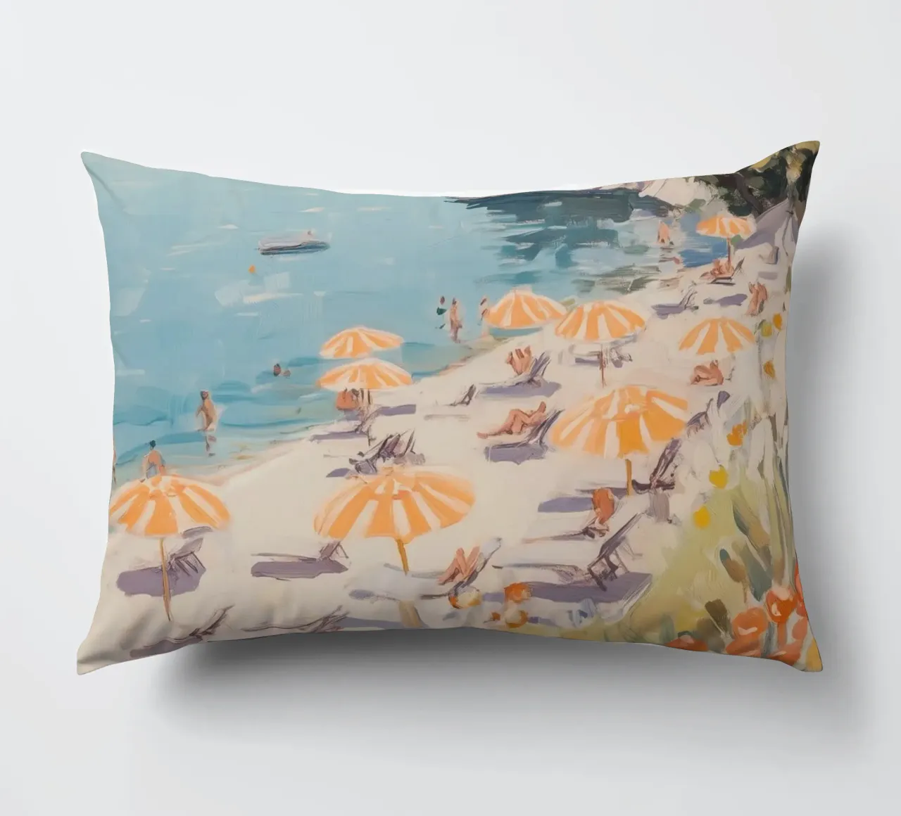 Spiaggia serena con ombrelloni a righe cuscino da Melloi Art Print