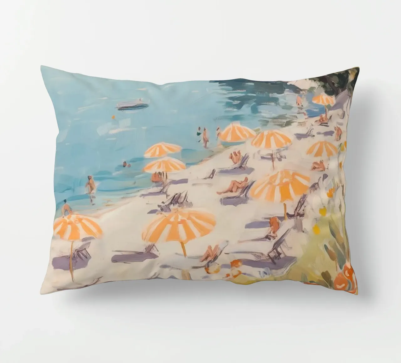 Spiaggia serena con ombrelloni a righe cuscino da Melloi Art Print