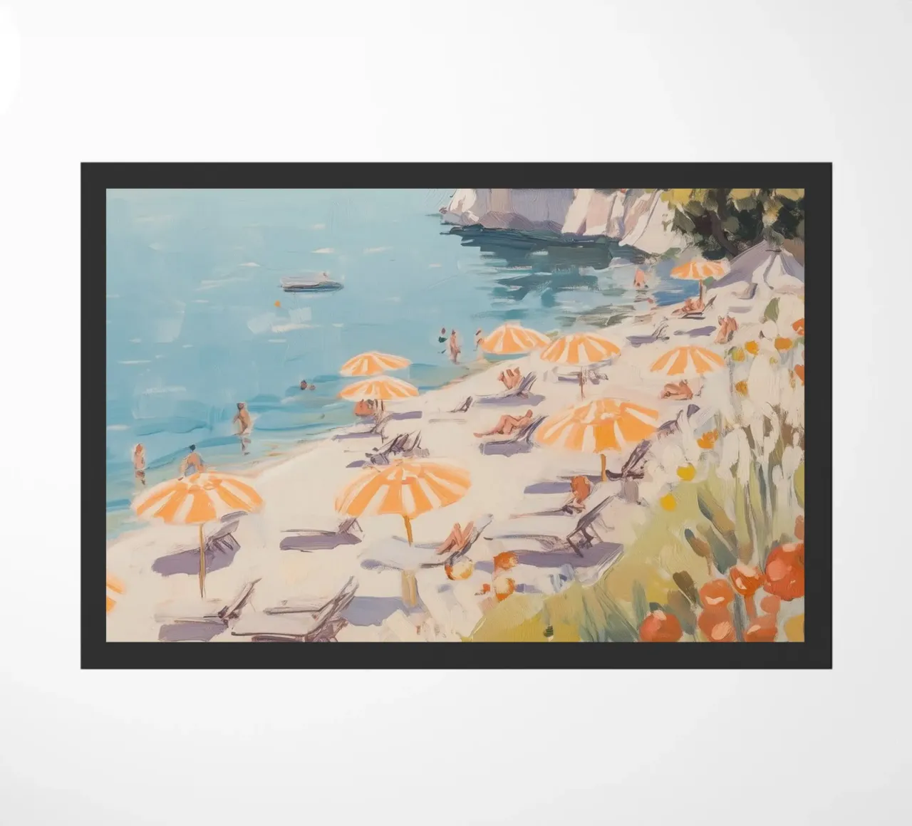 Spiaggia serena con ombrelloni a righe zerbino da Melloi Art Print